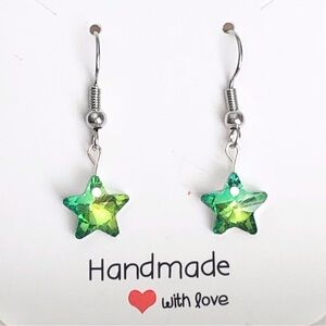 New Handmade Sparkling Glass Crystal Green Star Earrings Celestial Space Sky